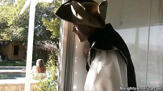 Esperanza Gomez posing and giving a sloppy blowjob outdoor