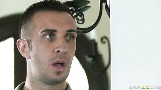 Lily Carter seducing Keiran by showing him her 100% natural perky tits