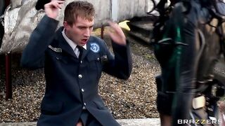 Black haired babe Stacey Lacey wraps her sexy lips around his shaft