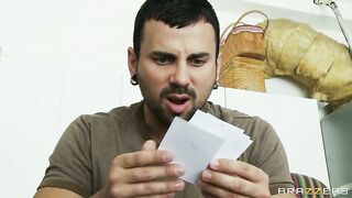 Eva Notty seducing a guy by pressing her amazing tits into his face