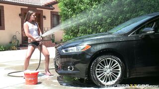 Little babe Amirah Adara gets wet washing a sports car