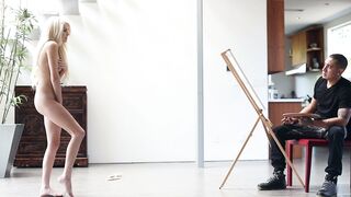 Cute little blonde Henley Hart posing nude for an artist