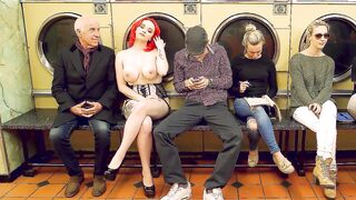 Busty redhead Jasmine James nude in the laundromat