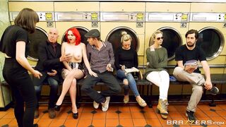 Busty redhead Jasmine James nude in the laundromat