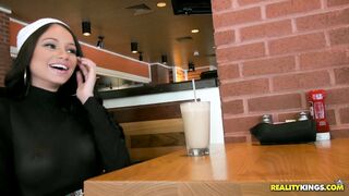 Brunette babe Raven Bay going naughty in a restaurant