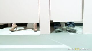 Nerdy blonde Sunny Lane caught jerking off in public bathroom