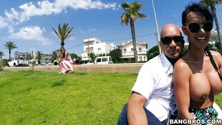 Latin babe Franceska Jaimes sitting on the beach