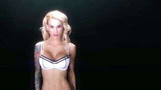 Tattooed blonde Sarah Jessie teases in hot red panties