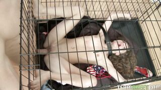 Curly slave girl Rebel Lynn fucked through the bars of her cage