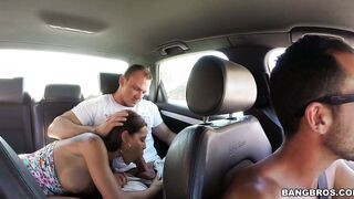 Sexy brunette Satin Bloom sucking dick in the backseat