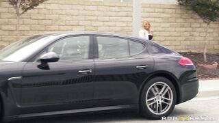 Daring blonde babe Kayla Kayden hitchhiking in her black lingerie