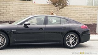 Daring blonde babe Kayla Kayden hitchhiking in her black lingerie