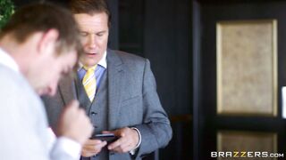 Kinky business men playing with brunette teen Alessa Savage