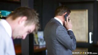 Kinky business men playing with brunette teen Alessa Savage