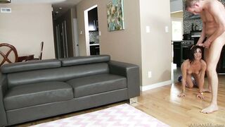 Cock starved Aidra Fox crawls across the floor and sucks dick