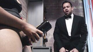 Horny waiter finds ebony Jenna J Foxx playing with a bottle