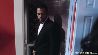 Horny waiter finds ebony Jenna J Foxx playing with a bottle