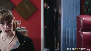 Horny waiter finds ebony Jenna J Foxx playing with a bottle