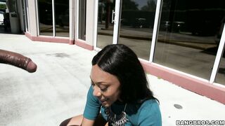 Black tart Jayla Foxx doesn't mind sucking down dick in public