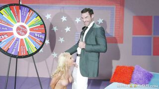 Busty blonde Alix Lynx gives a no hands blowjob on game show