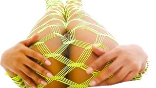 Busty ebony Anya Ivy teases in her fancy fishnet stockings