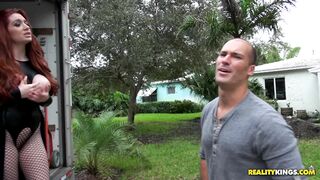 Big tits redhead Veronica Vain flashes furniture movers in public