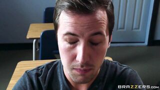 Busty teacher Brooklyn Chase seduce her student with tit licking