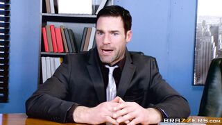 Slutty blonde business woman Olivia Austin sucking dick under table