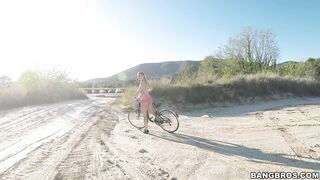 Busty Czech blonde Kathy Anderson riding her bike butt naked