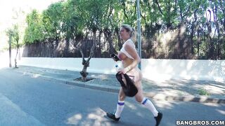 Sexy blonde jogger Kathy Anderson showing her ass and tits in public
