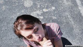 Teen redhead Alice Andrea sucking cock off in public