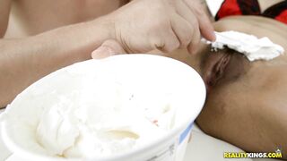 Petite babe Darling Deicide gets hairy pussy eaten with sweets