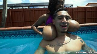 Super hot ebony gal Rachel Raxxx gets her gigantic boobies licked