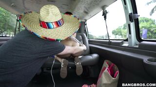 Little nerd girl Victoria Valencia shows off nude in bang bus backseat