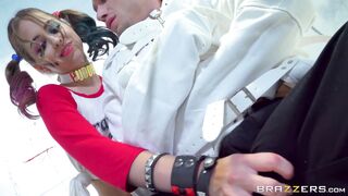 Little cosplay babe Riley Reid dominates dude in straight jacket