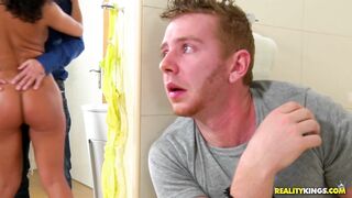 Wild brunette Lucy Bell sucking off young guy under husband's nose