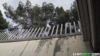 Sexy little Spanish babe Natty Mellow face fucked in back alley