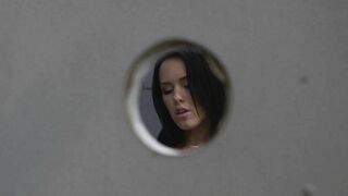 Cute tiny brunette Megan Rain sucks big glory hole dick