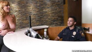 Busty Jazmyn has her eyes all over the security guard