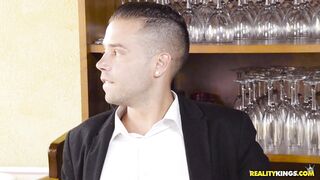 Blondie Fesser is revealing her huge tits in the restaurant