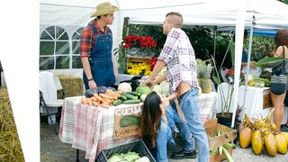 Eva Lovia is giving a blow job to her partner outdoors