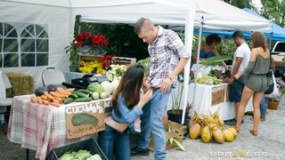 Eva Lovia is giving a blow job to her partner outdoors