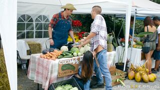 Eva Lovia is giving a blow job to her partner outdoors