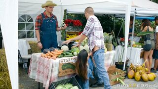 Eva Lovia is giving a blow job to her partner outdoors