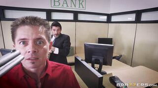 Peta Jensen reveals her tits in the bank and fucks