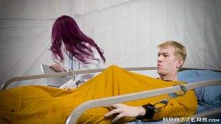 Redhead doctor Monique Alexander is giving a tug job