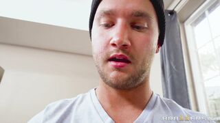 Brooklyn Chase gets her large tits massaged by her stepson on the sofa