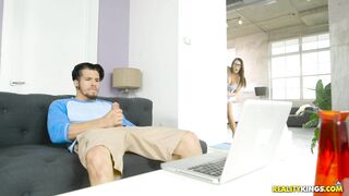 Reagan Foxx is massaging her wet pussy in front of a dude