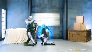 Abigail Mac is in a costume fucking her nemesis in a hot way.