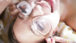 Riley Reid jerks his enormous dick until it blows hot sticky cum on glasses